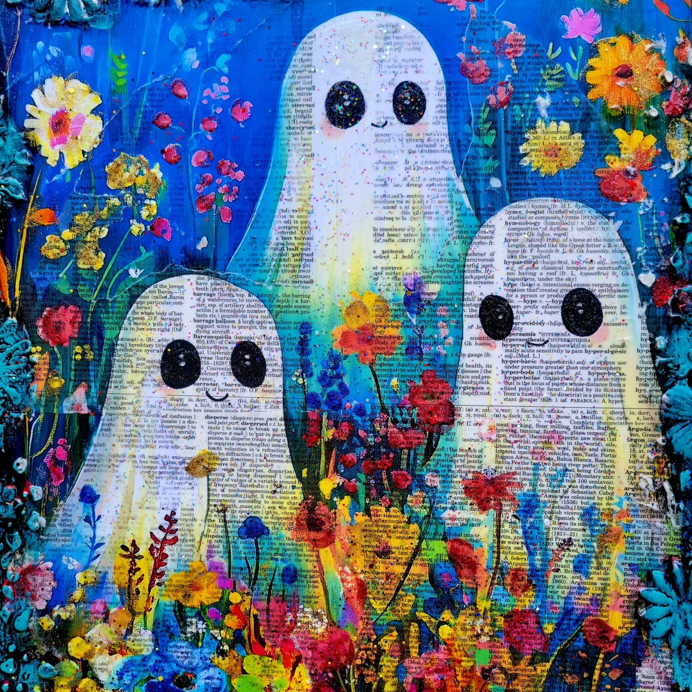 Ghosts In Wildflower Field Large 16x20 Canvas Mixed Media Art Creepy Cute Decor